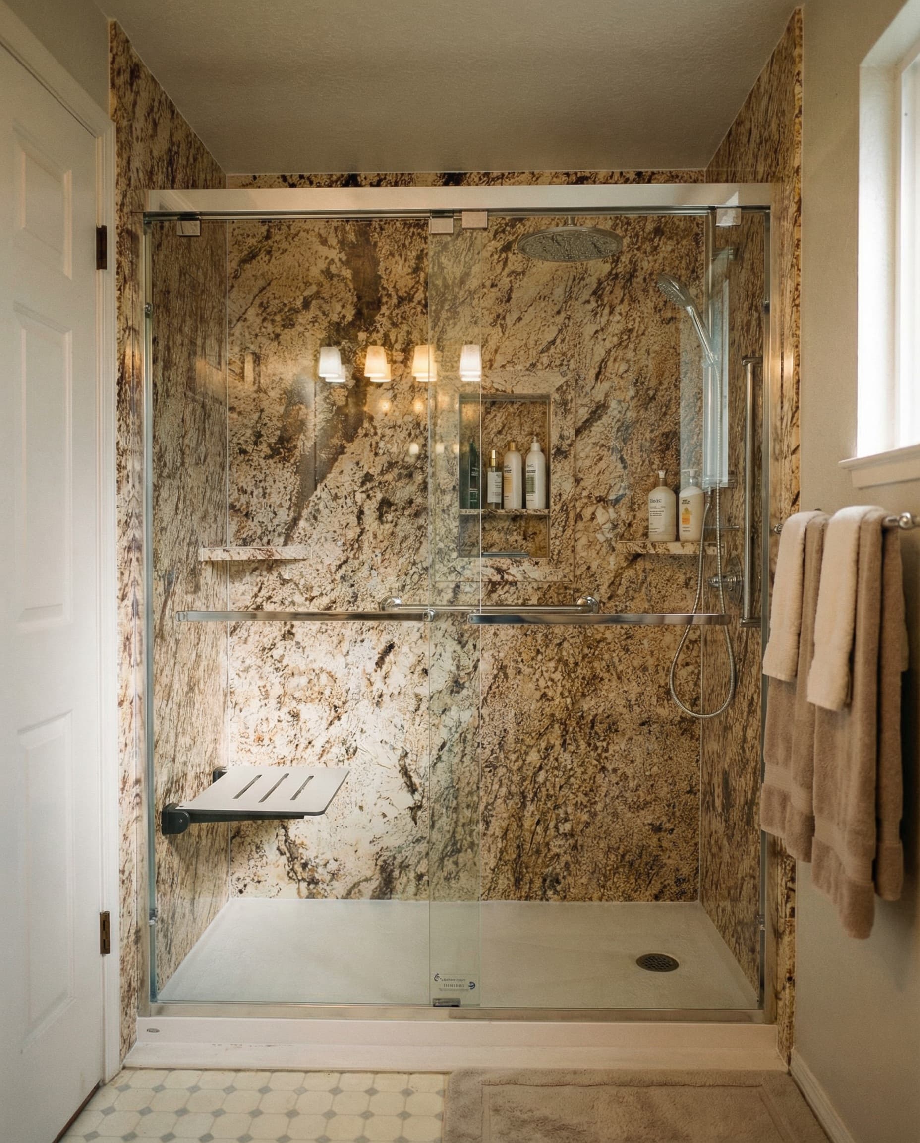 Bathroom after Seattle Baths remodel - modern granite shower with glass doors